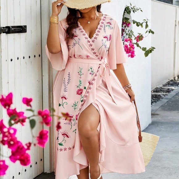 . Dresses & Skirts - Pink Boho Women's Wrap Design Dress With Floral Print